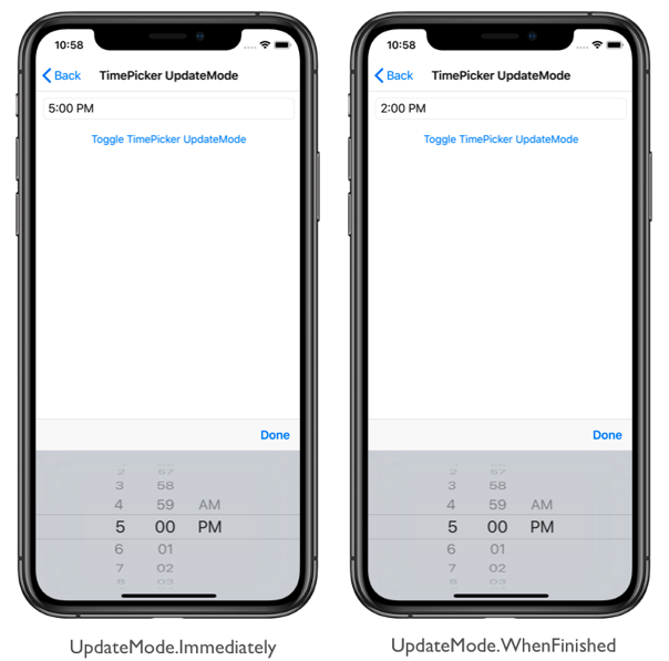 Screenshot of TimePicker update modes.