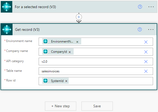 Shows an example of the get record action in an instant flow in Power Automate.