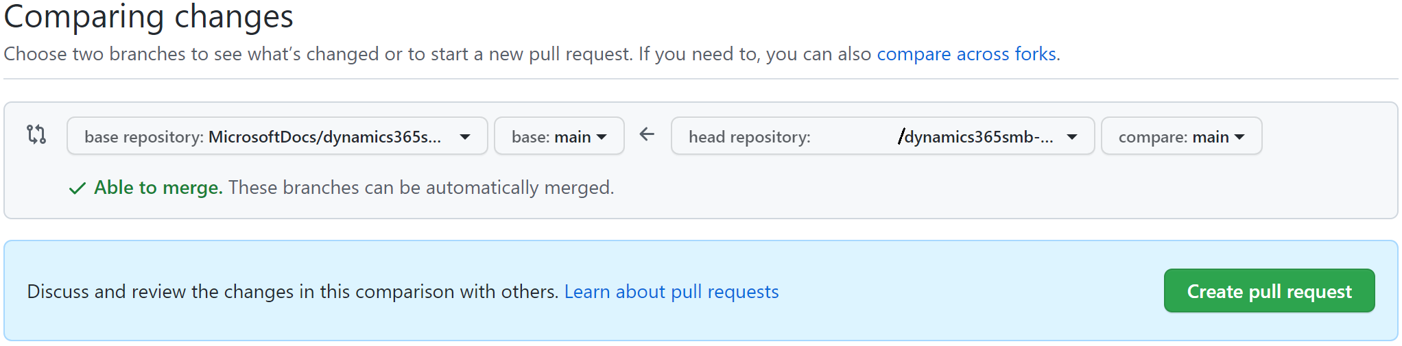 The start of a pull request with fork on the right and target to the left.