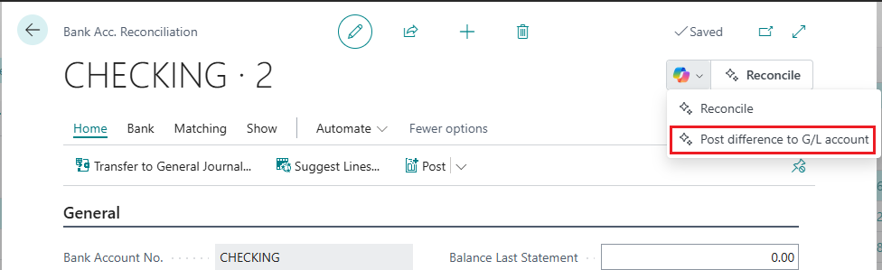 Screenshot that shows the Post Difference to G/L Account button on the Bank Acc. Reconciliation card.