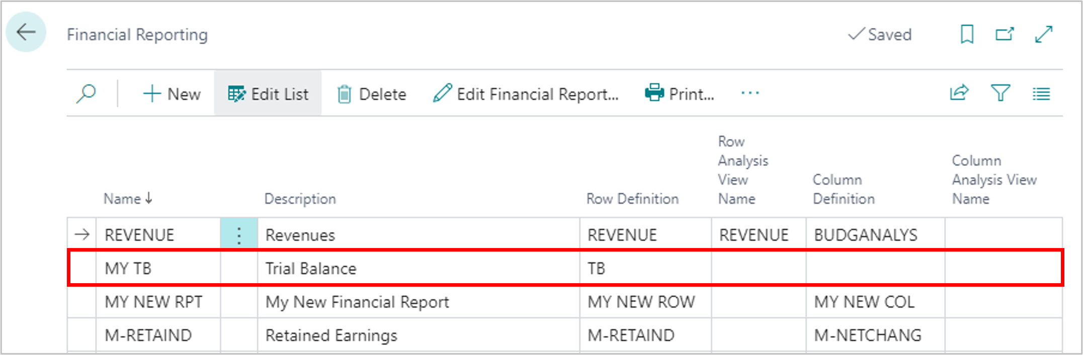 Shows the trial balance selection.