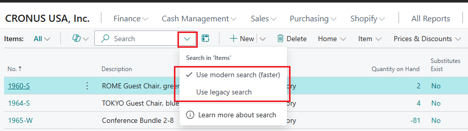 Show search box options for modern and legacy search