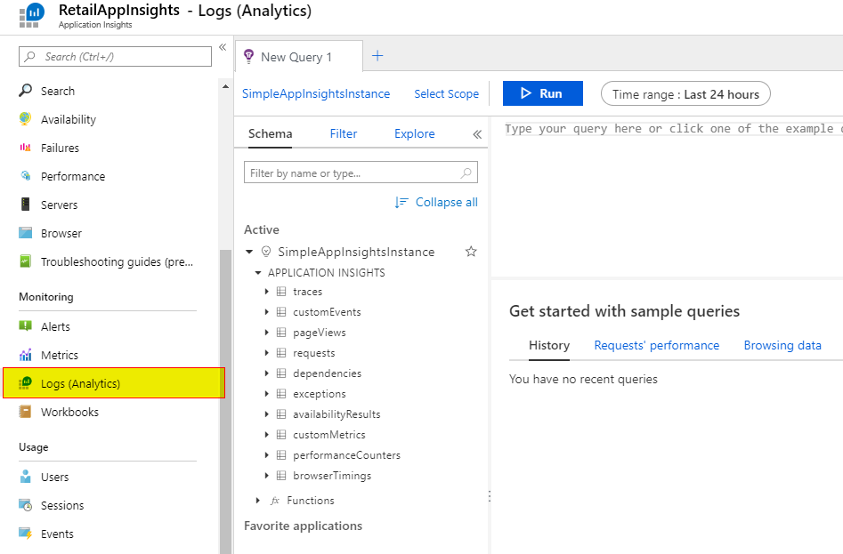 Log Analytics option.