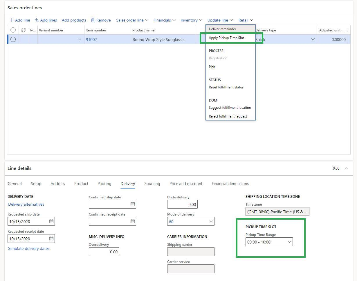 Example of a call center order where a pickup time slot has been selected.