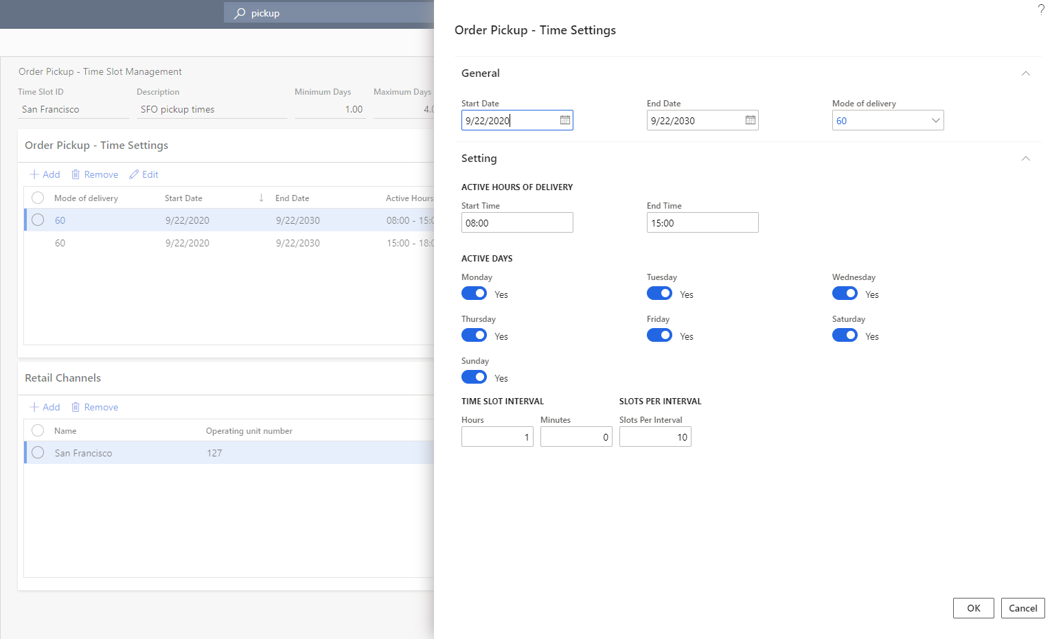 Order Pickup - Time Settings dialog box.