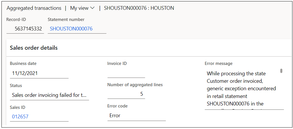 Fields on the Sales order details FastTab of an aggregated transaction.