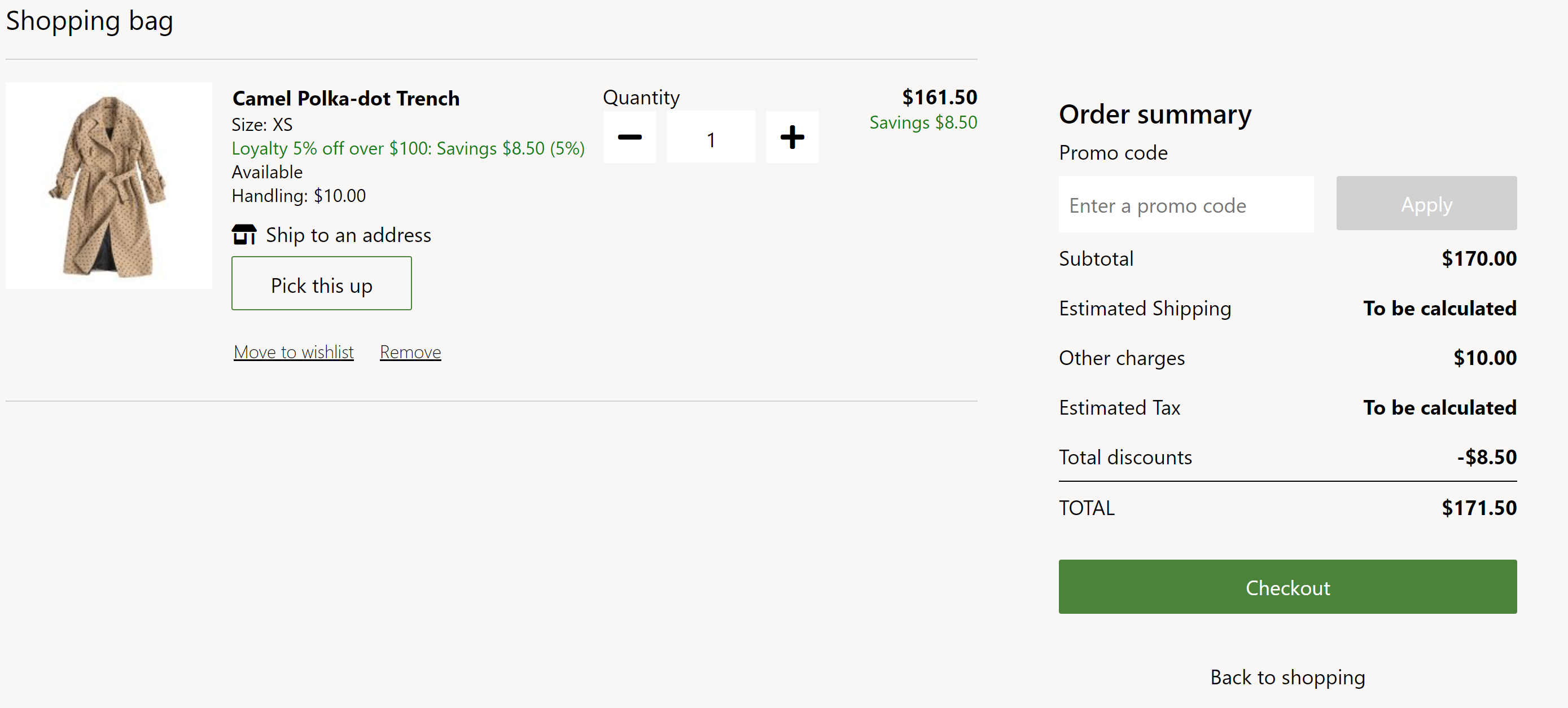 Example of a cart module with a handling fee for a line item.