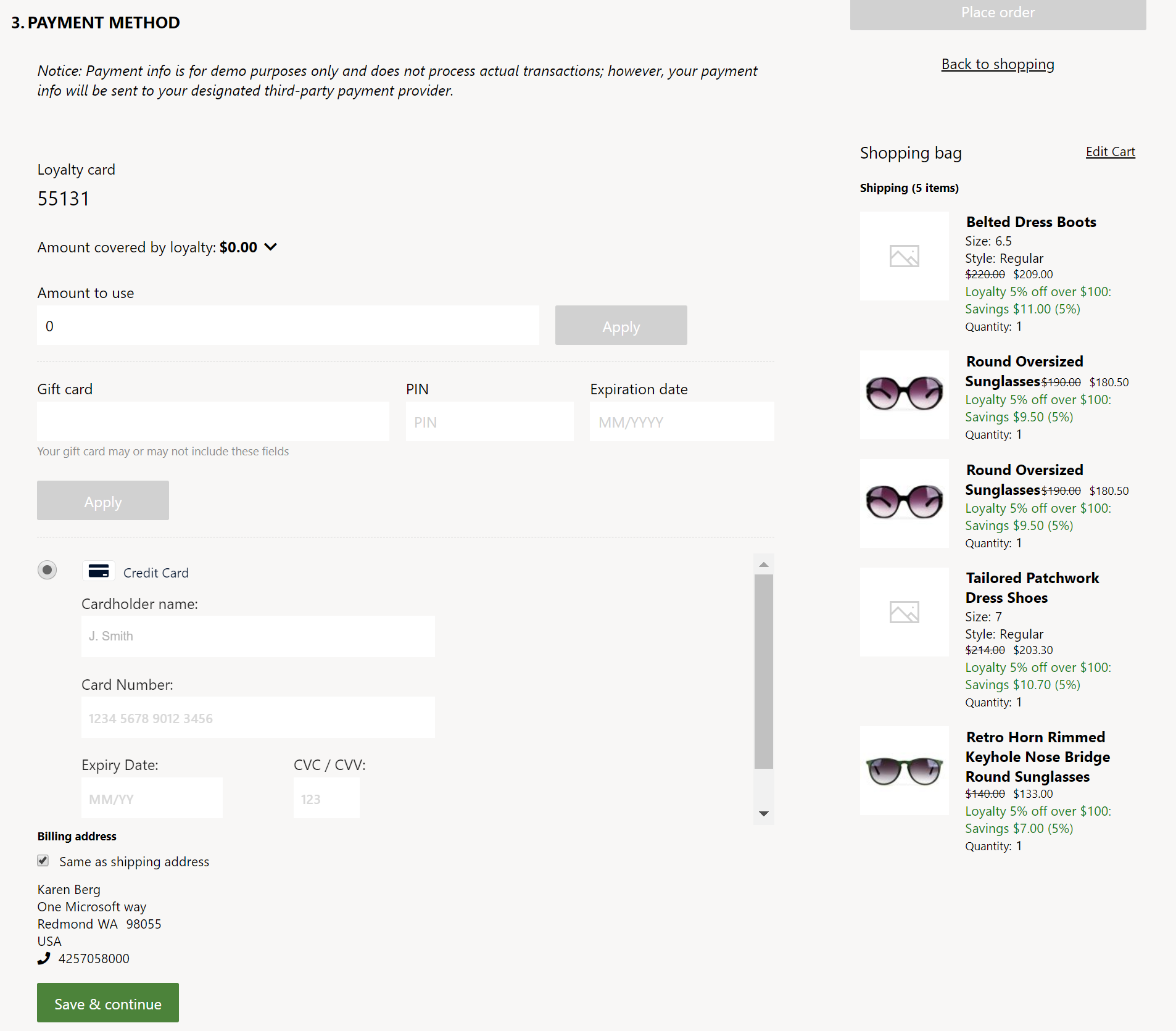 Example of gift card, loyalty points, and payment modules on a checkout page.