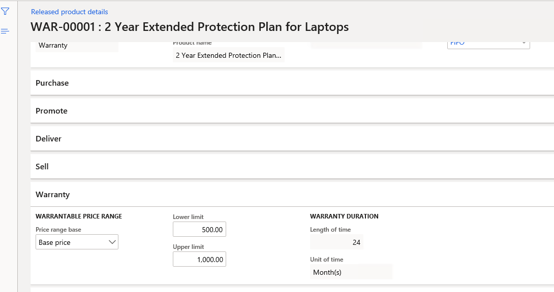 Released product details page for a warranty item.