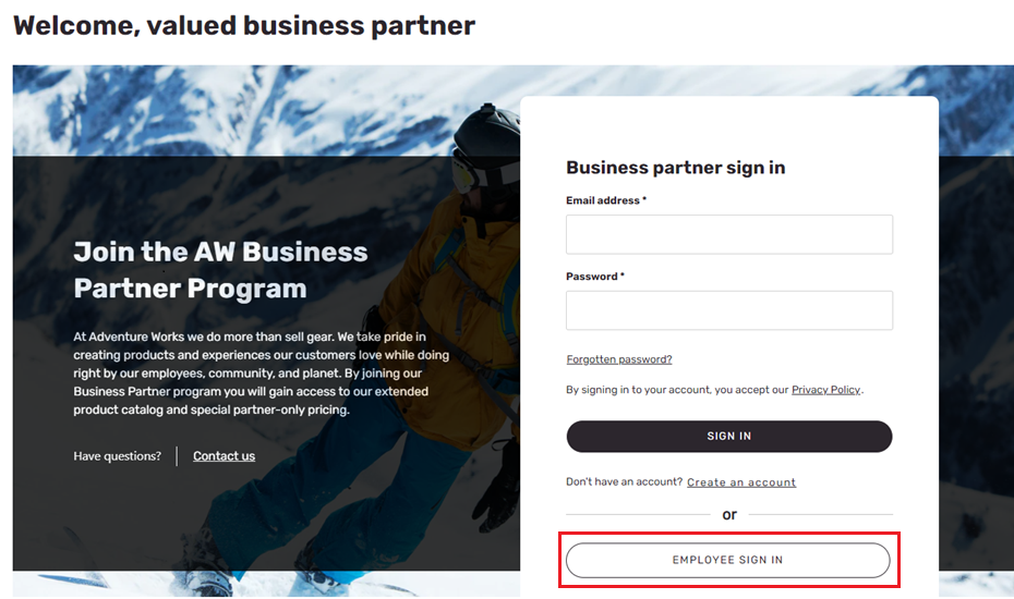 Example of the Employee sign-in button on the Sign-in page for a business partner user.