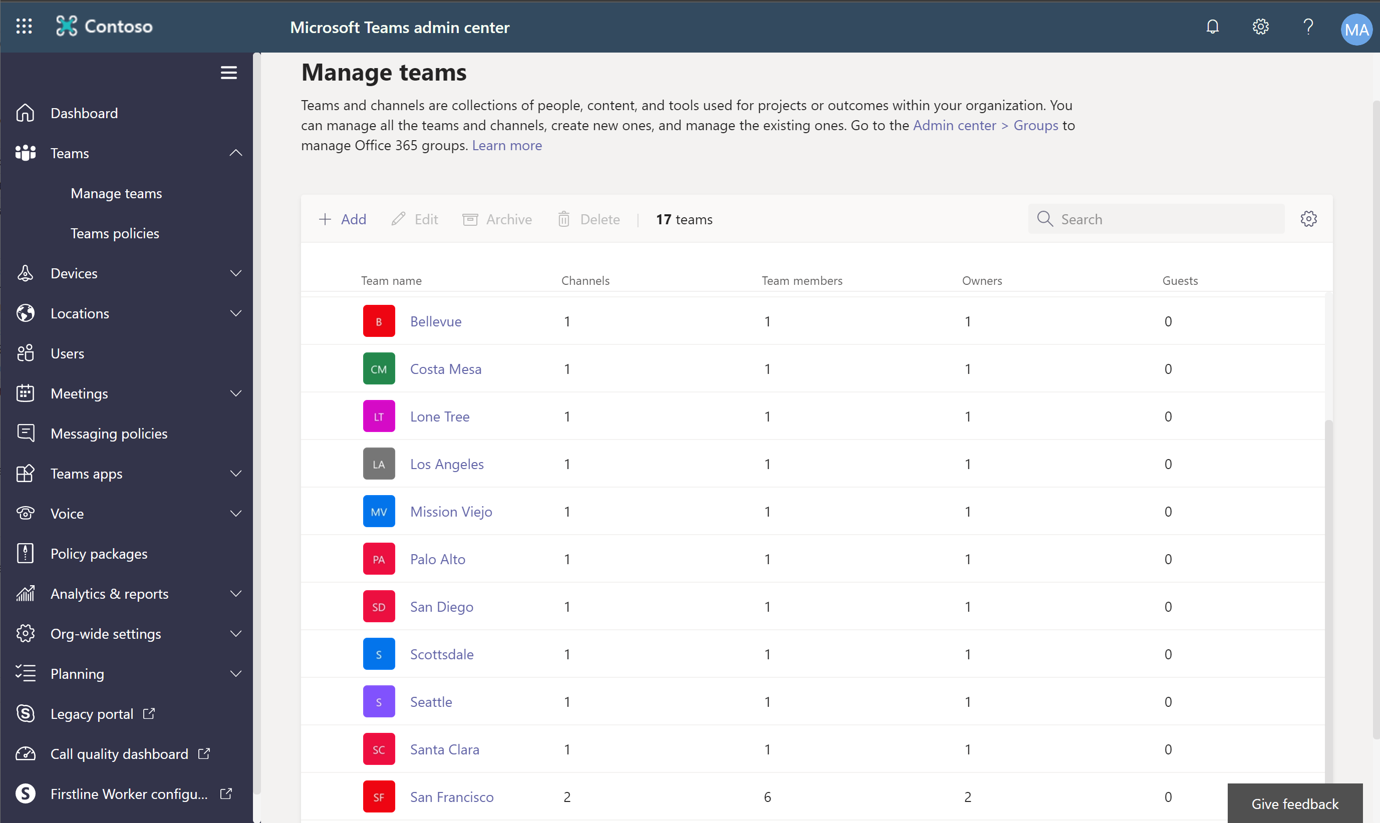 Example of the Manage teams page in the Teams admin center.