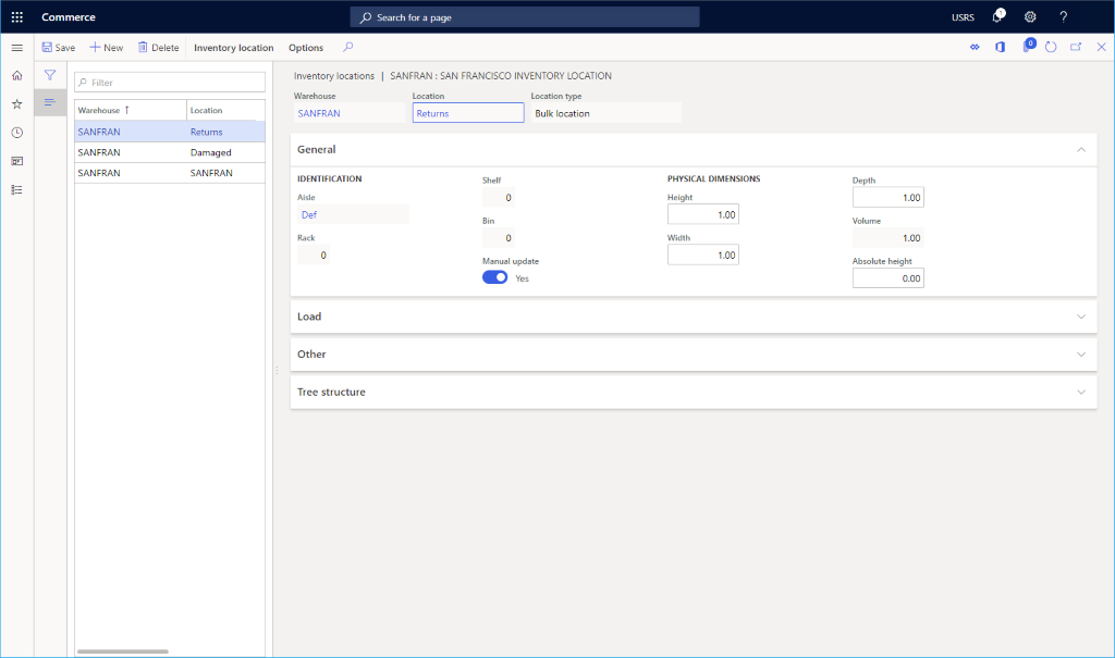 Example inventory location setup.