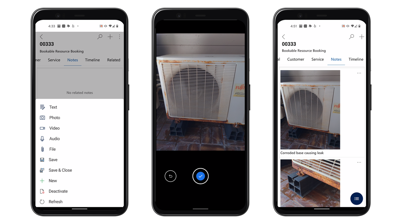Αναπαραστάσεις τριών κινητών συσκευών που δείχνουν την οθόνη σημειώσεων, την προβολή της κάμερας της συσκευής και μια σημείωση με φωτογραφίες στην εφαρμογή Field Service για κινητές συσκευές.
