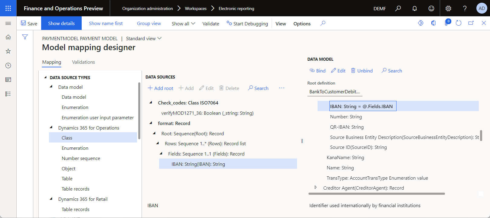 Binding of format components to data model fields on the Model mapping designer page.