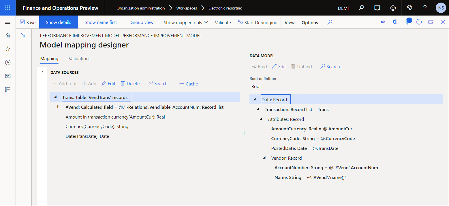 Trans data source on the Model mapping designer page.