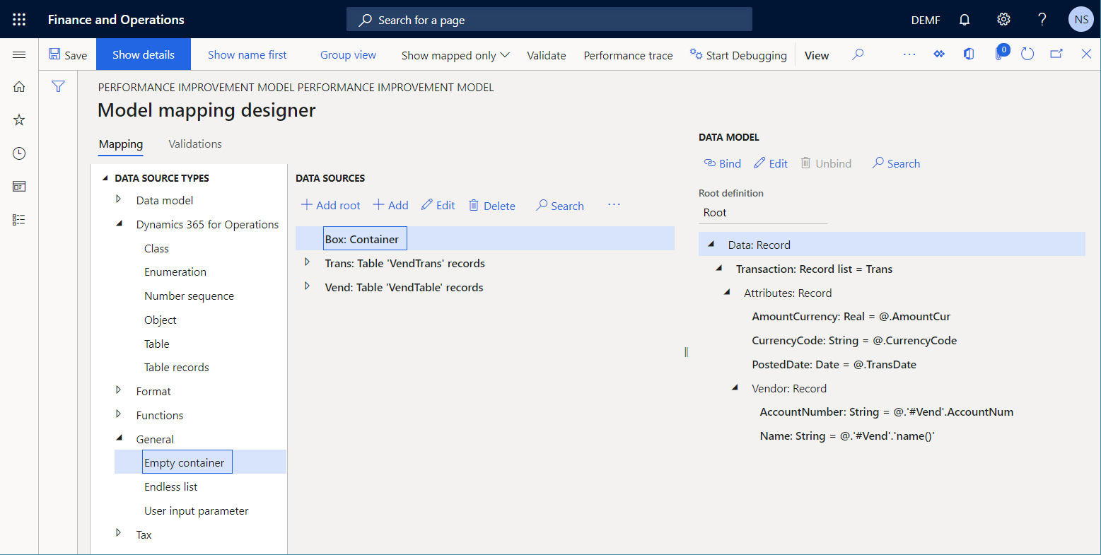 Box data source on the Model mapping designer page.