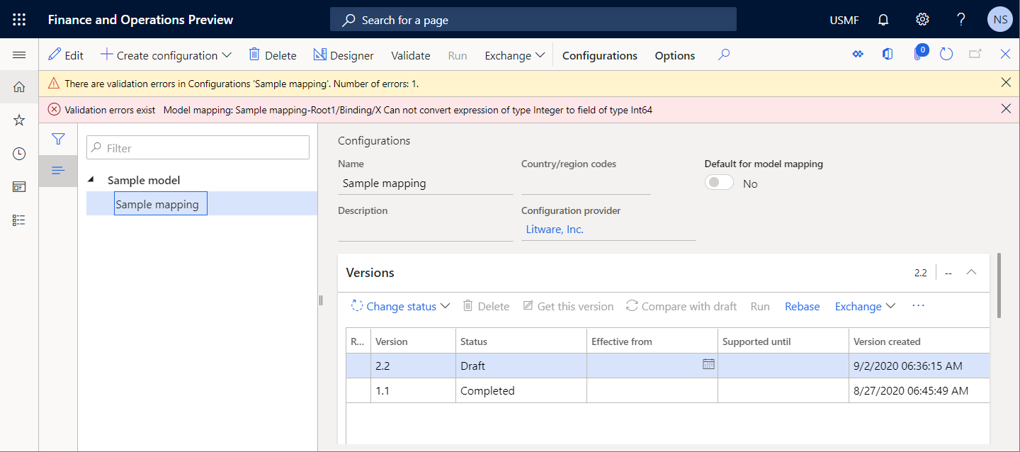 Inspecting the model mapping component on the Configurations page.