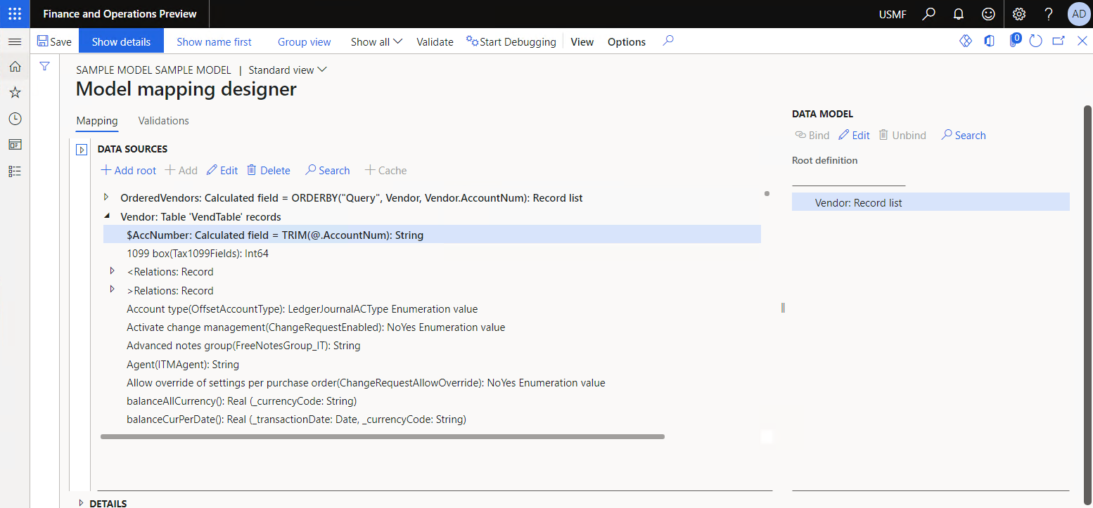 Configuring data sources on the Model mapping designer page.