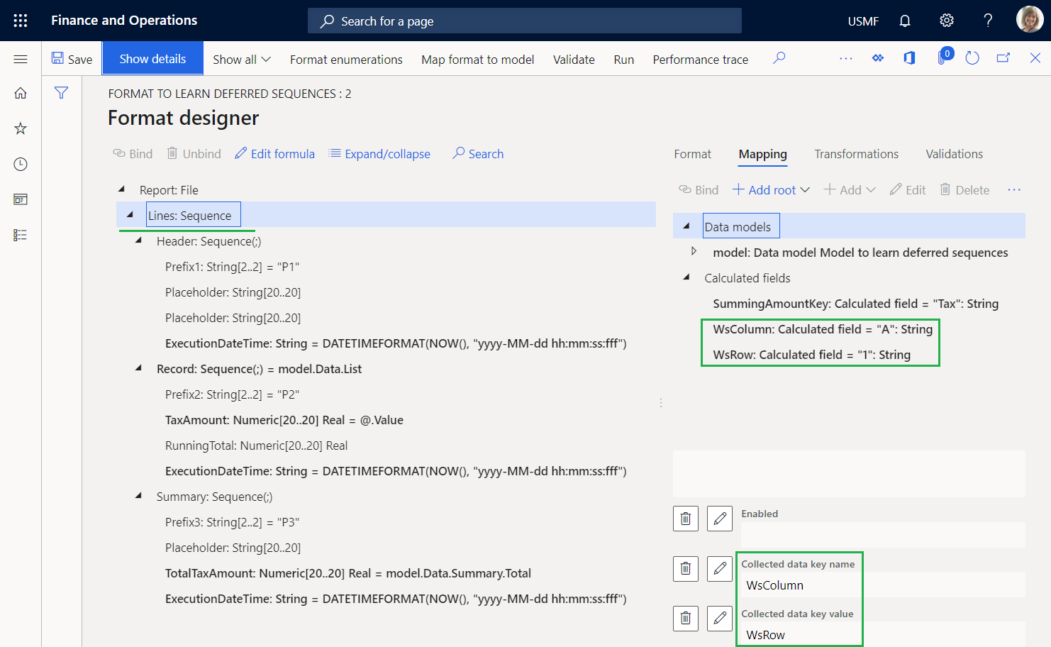 Lines sequence element on the Format designer page.