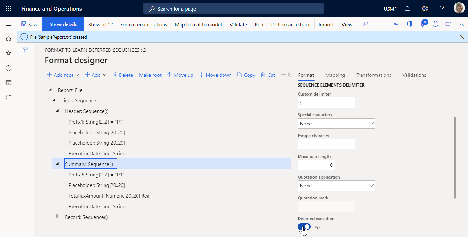 Deferred execution option of the Summary sequence element on the Format designer page.