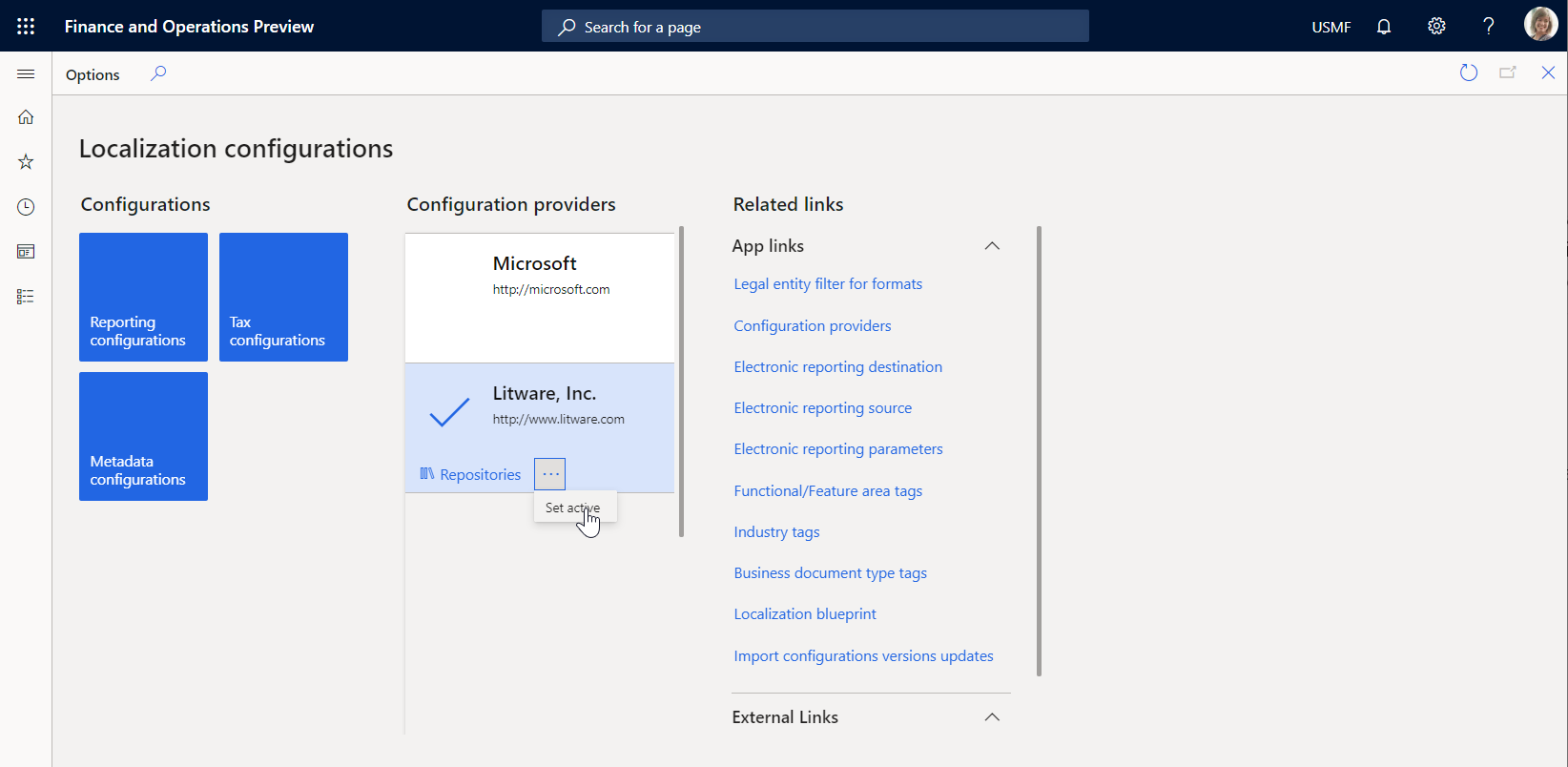 Litware, Inc. sample company on the Localization configurations page.