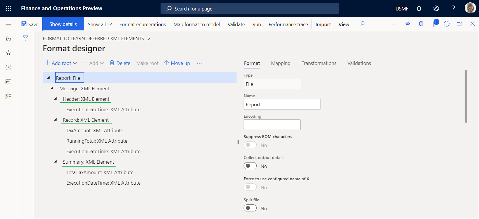 Message XML element and nested XML elements on the Format designer page.