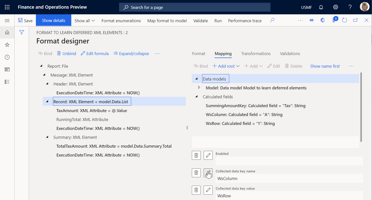 Record XML element on the Format designer page.