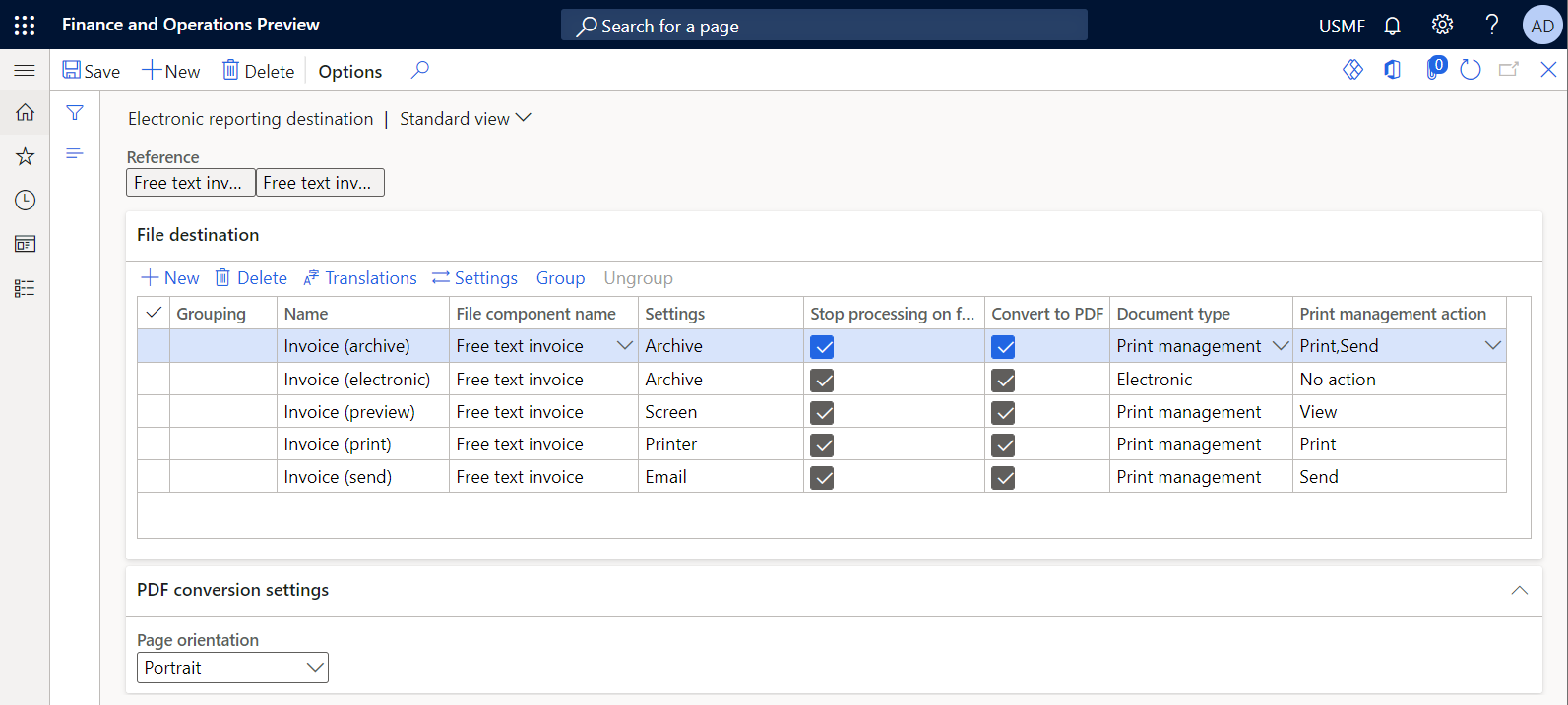 Electronic reporting destination page that has action-dependent destination settings for an ER format when every destination record is configured for a single destination.