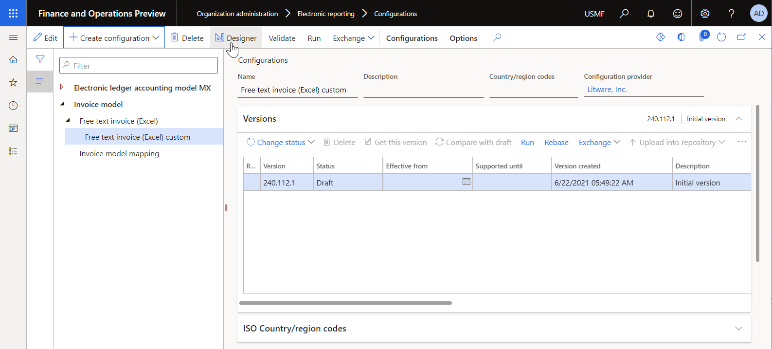 New version of the ER format configuration created on the Configurations page.