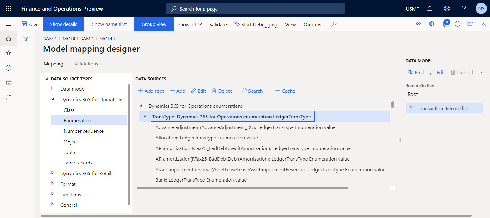 Data source of a model mapping that refers to an application enumeration.