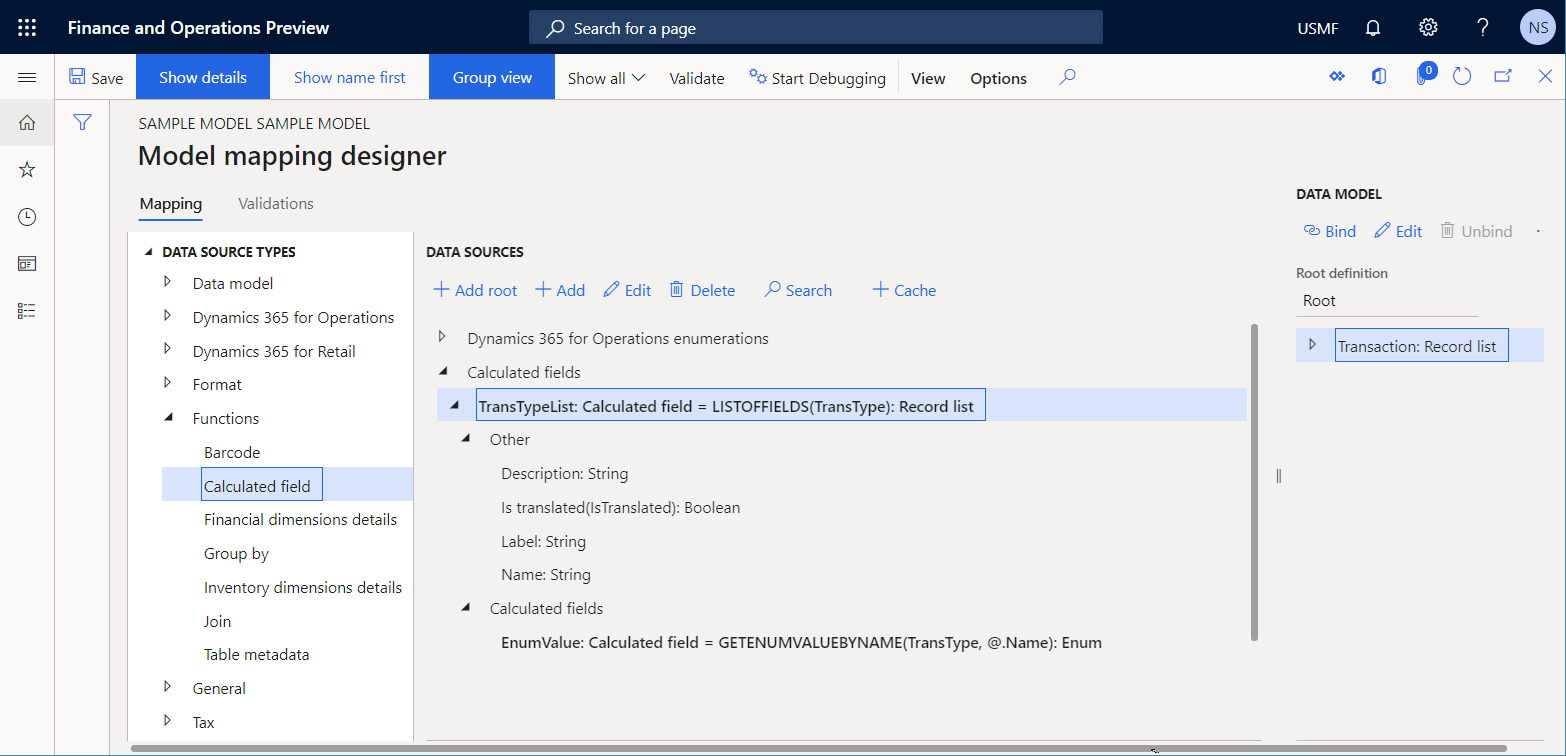 Data source of a model mapping that that returns all enumeration values of a selected enumeration as a list of records.