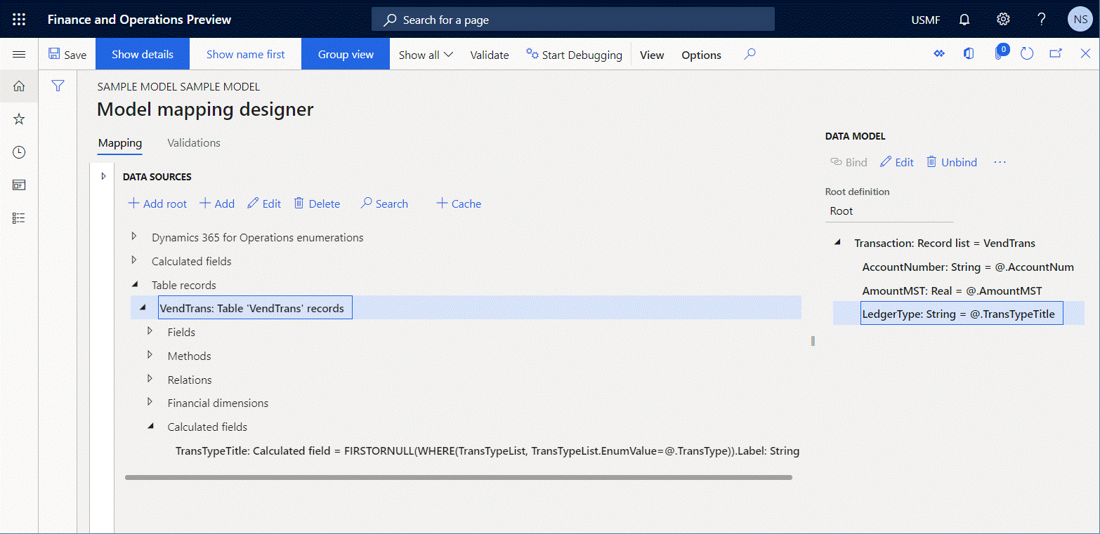 Using the data source debugger to test the configured model mapping.