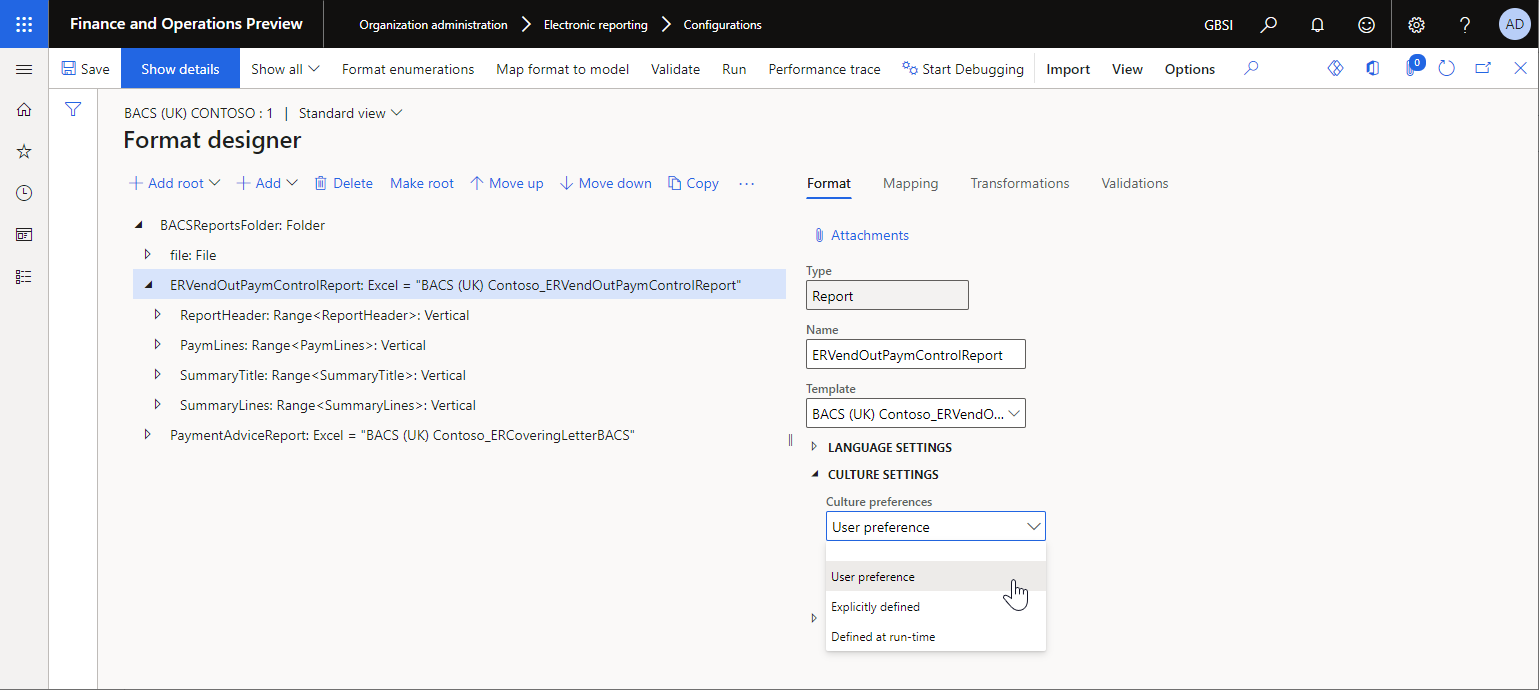 Defining the user's preferred culture as the culture of a generated report in the ER Operation designer.