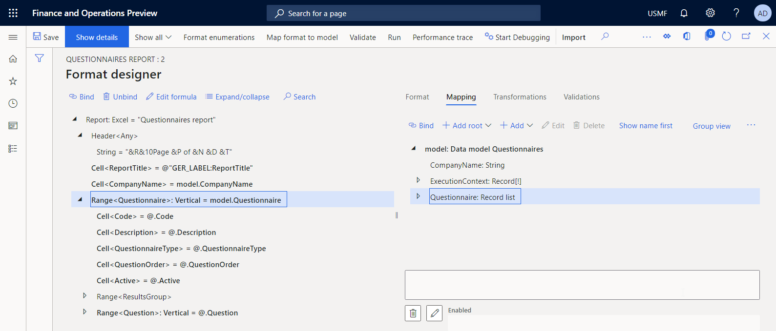 Binding the Questionnaire range format element to the appropriate Record list data sources in the ER Operation designer.