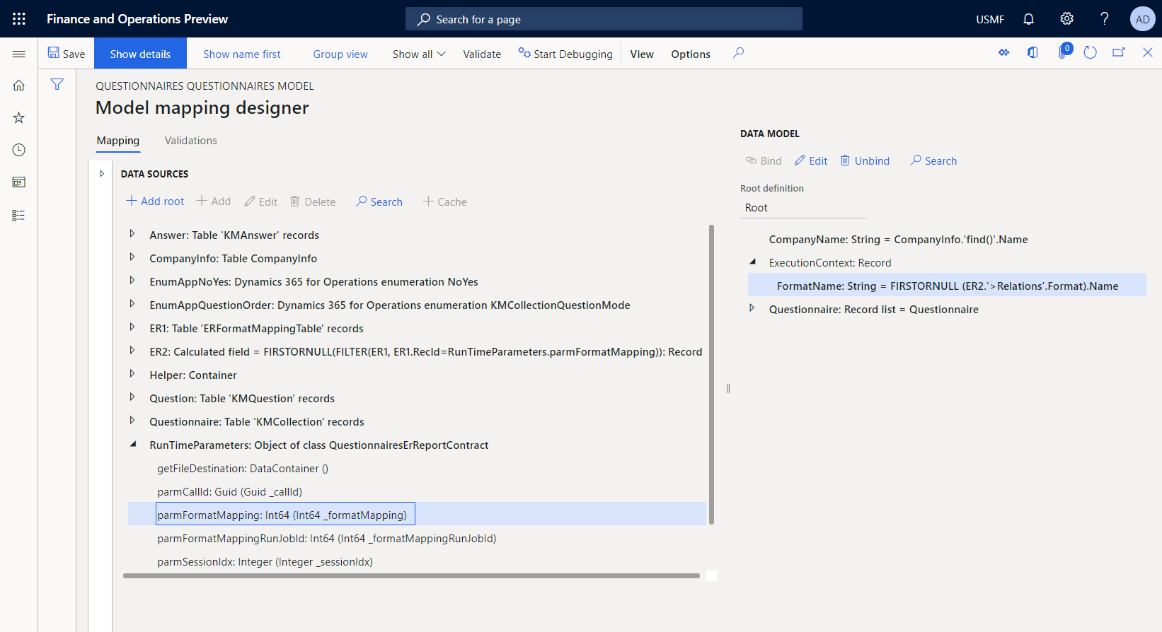 Binding the data model field to the method of the added data source in the ER model mapping designer.