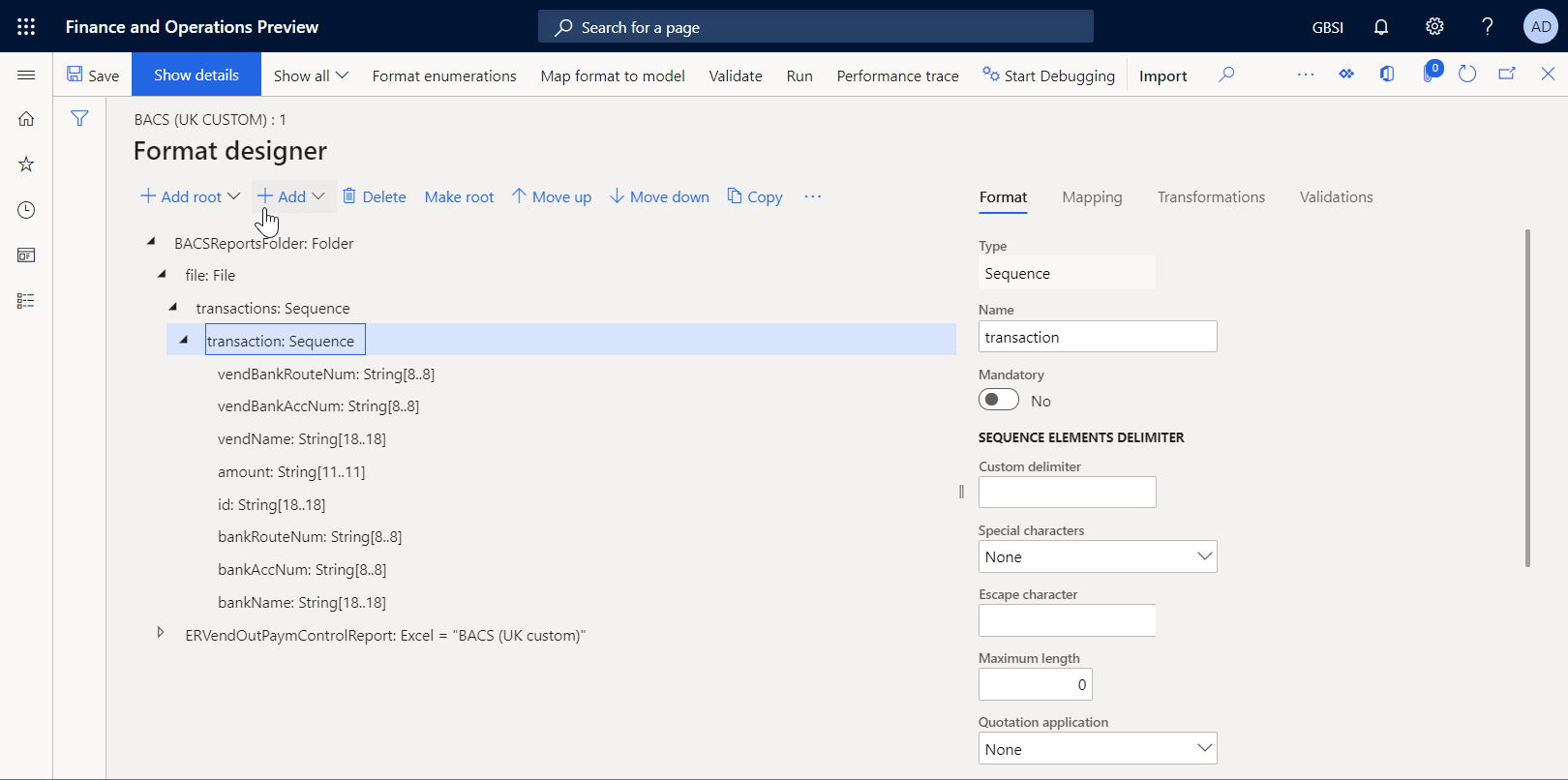 Transaction element in the ER Operations designer.