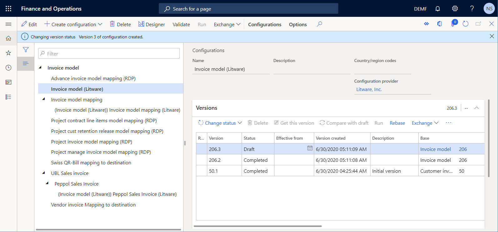 Version 206.2 completed on the Configurations page.