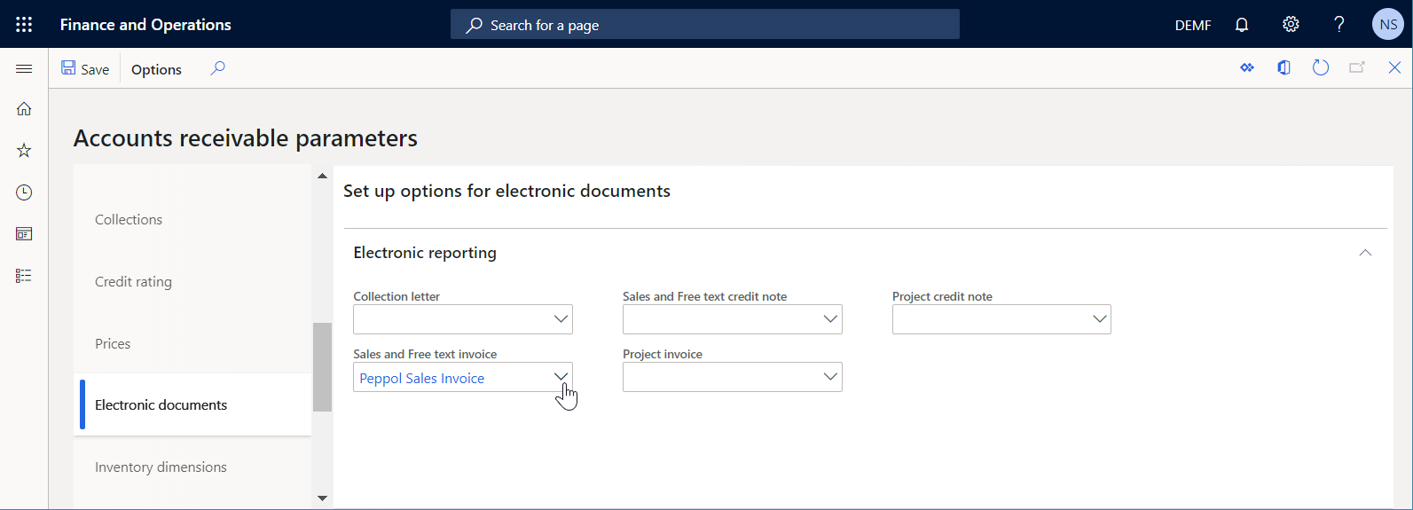 Electronic documents tab on the Accounts receivable parameters page.