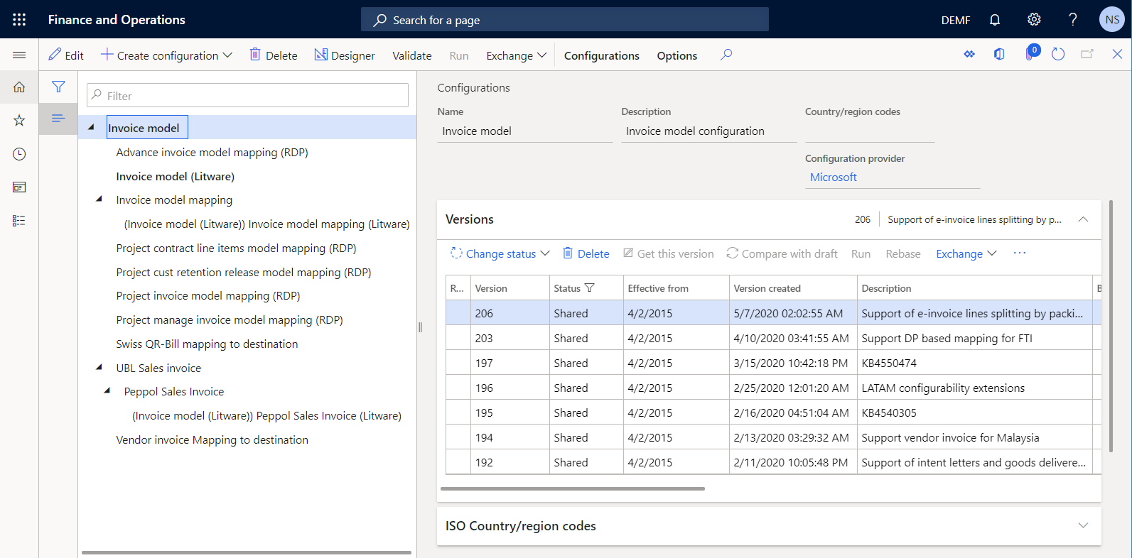 Version 206 on the Configurations page.