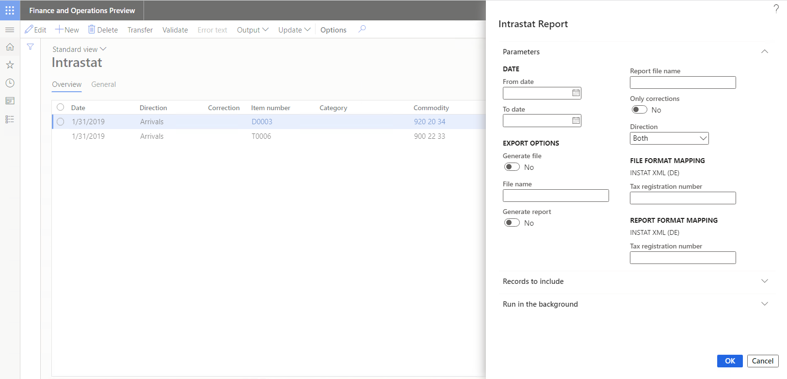 Intrastat Report dialog box of the running ER format on the Intrastat page.