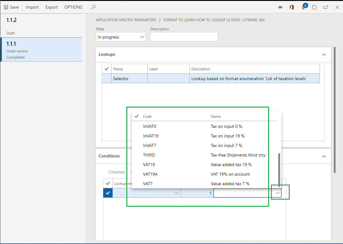 Code field look up on the ER application-specific parameters page.