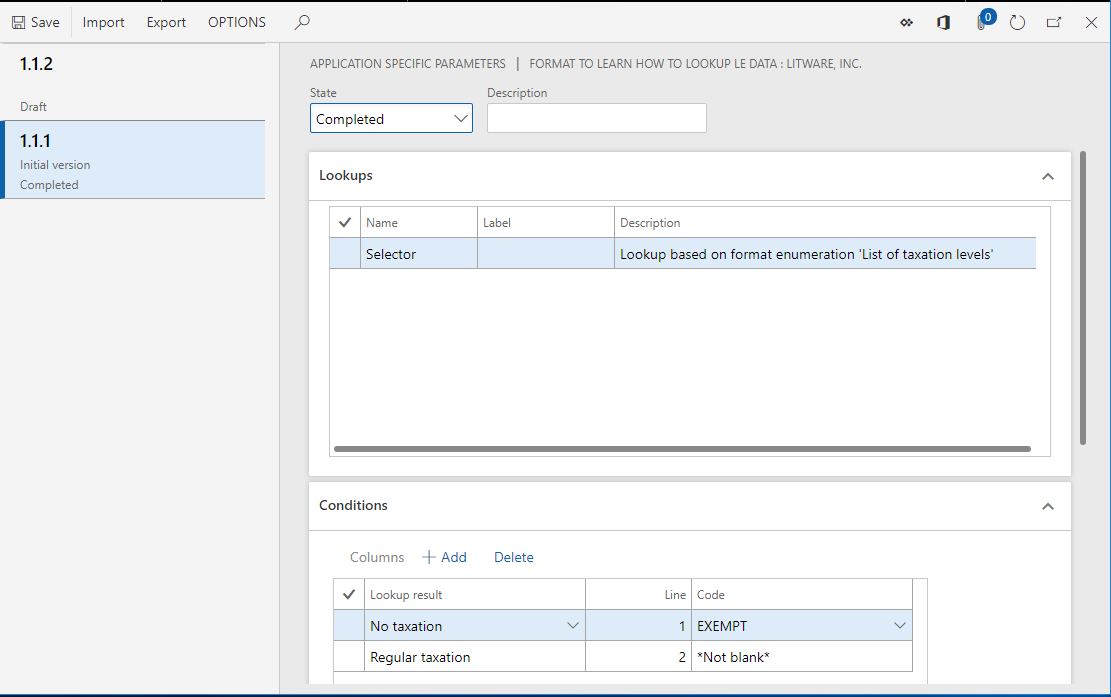 ER application specific parameters page.