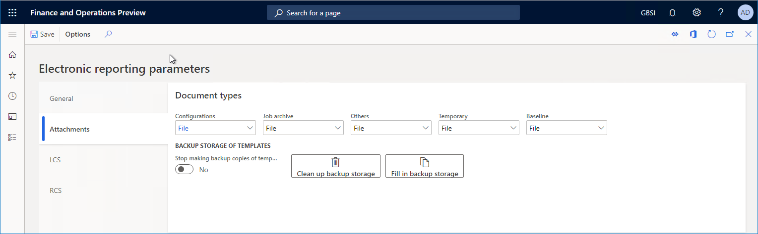 Electronic reporting parameters page.