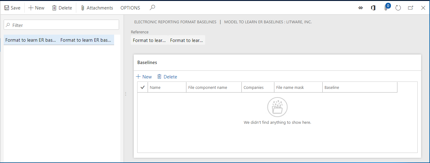 Electronic reporting format baselines page.