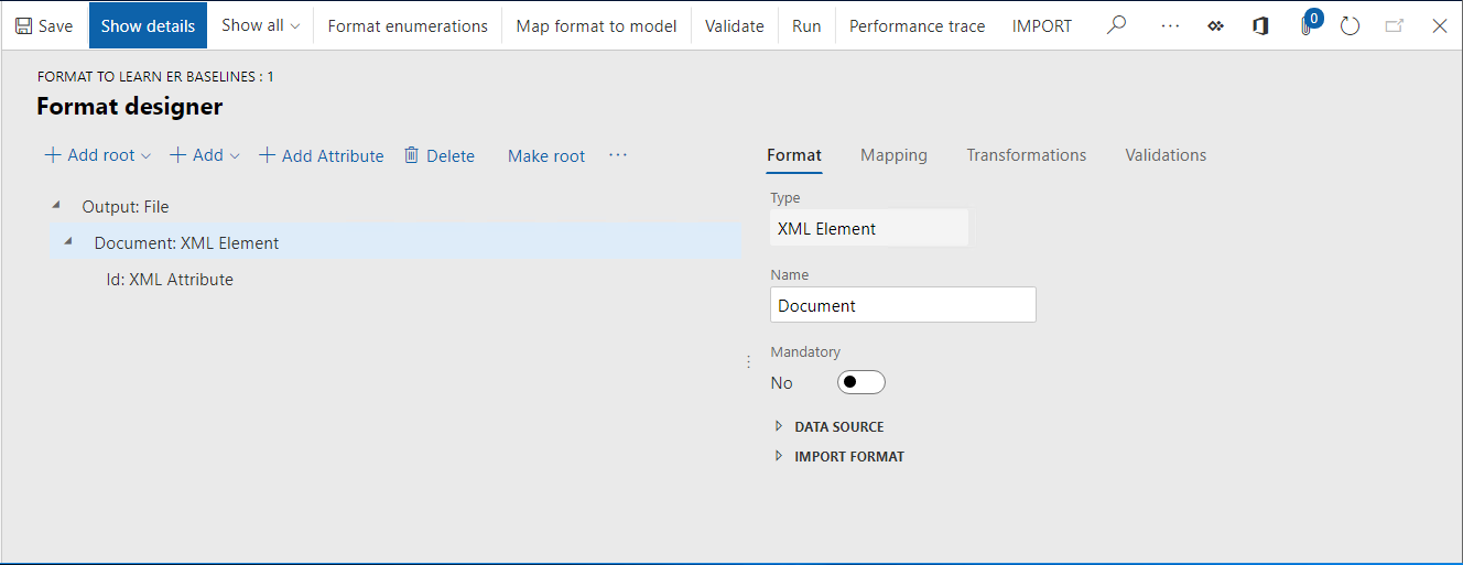 Format designer page, XML attribute selected in tree.