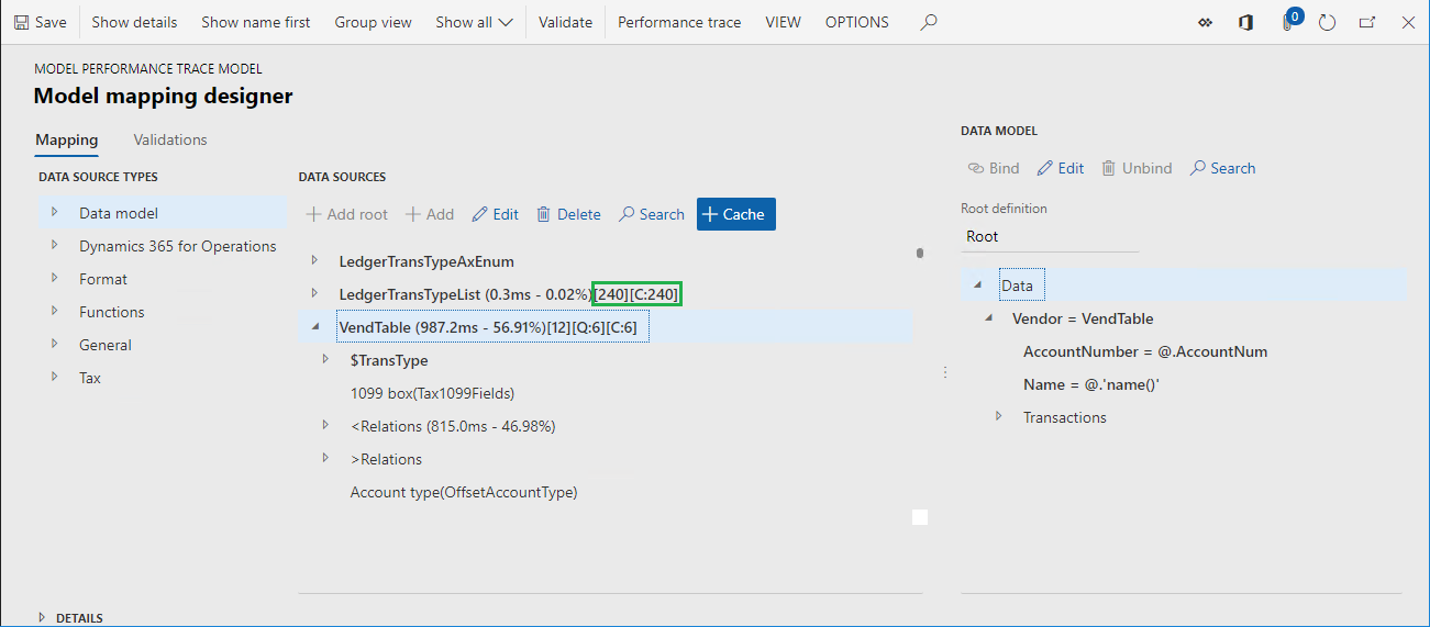 Trace information for the LedgerTransTypeList data source on the Model mapping designer page in RCS.