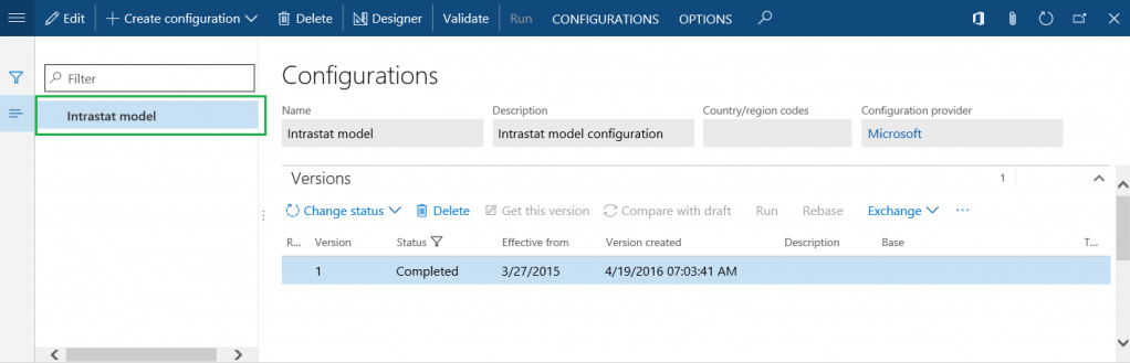 Intrastat ER model cofiguration on the Configurations page.