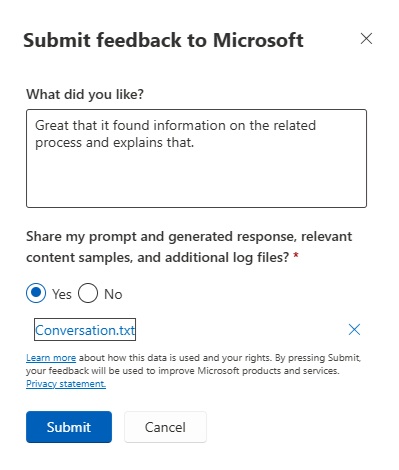 Screenshot of a Submit feedback to Microsoft dialog box where a user entered some positive feedback.