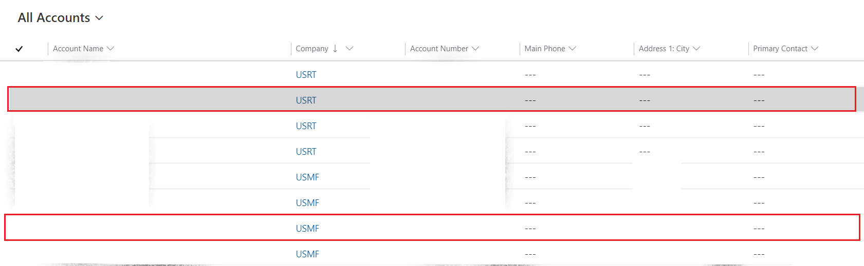 Choosing a row changes the default company.