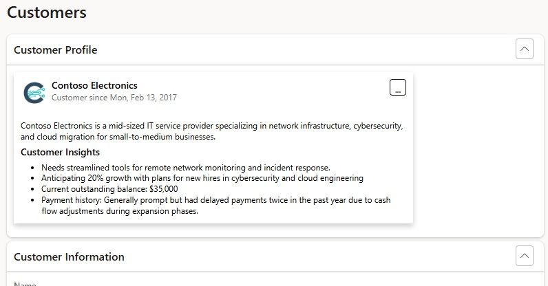 Screenshot of an Adaptive Card that shows a customer profile and insights on the Customers page in finance and operations apps.